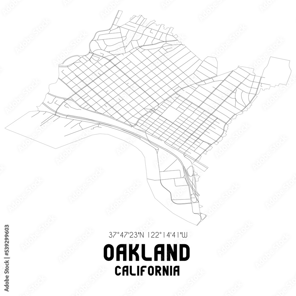 Oakland California. US street map with black and white lines.