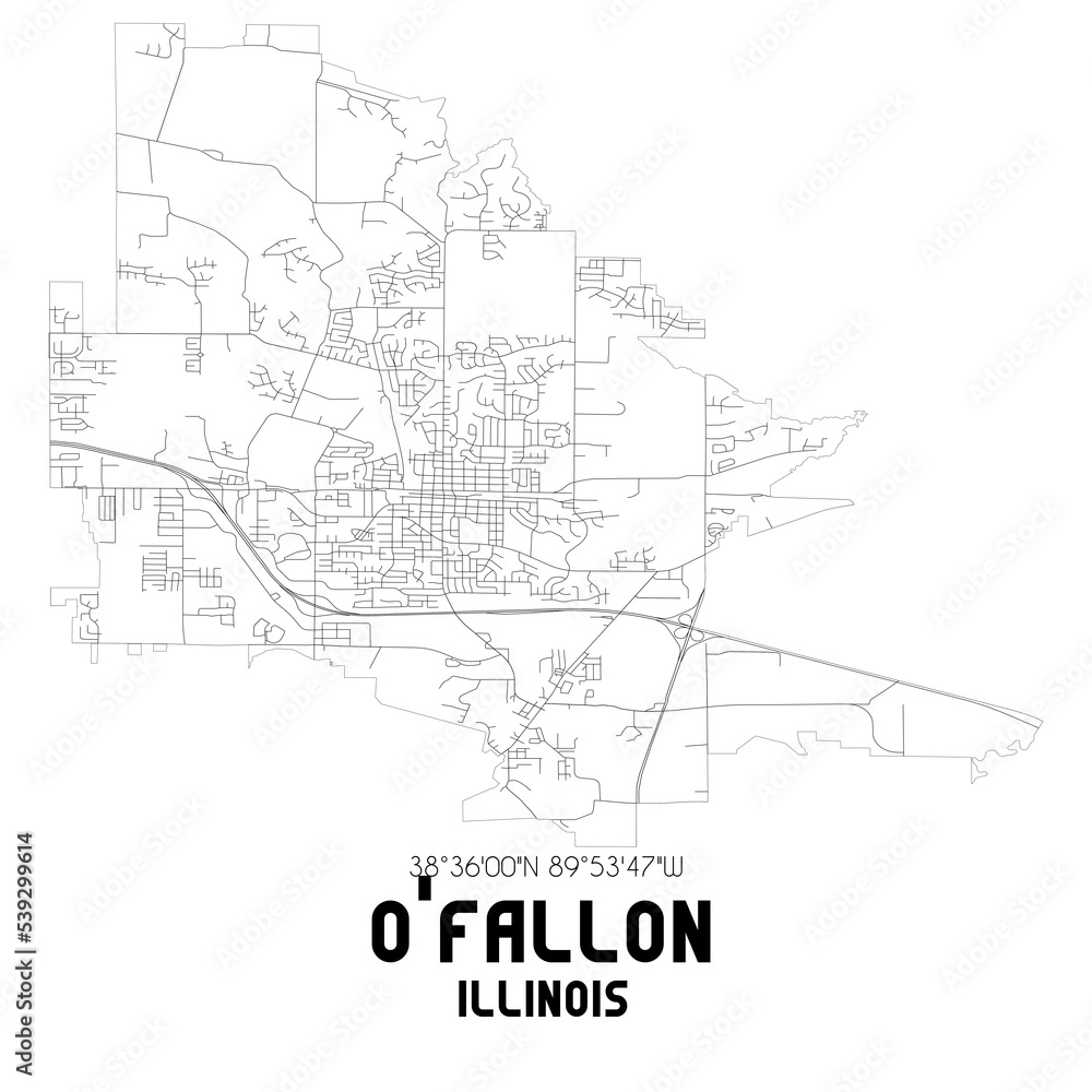 O'Fallon Illinois. US street map with black and white lines.