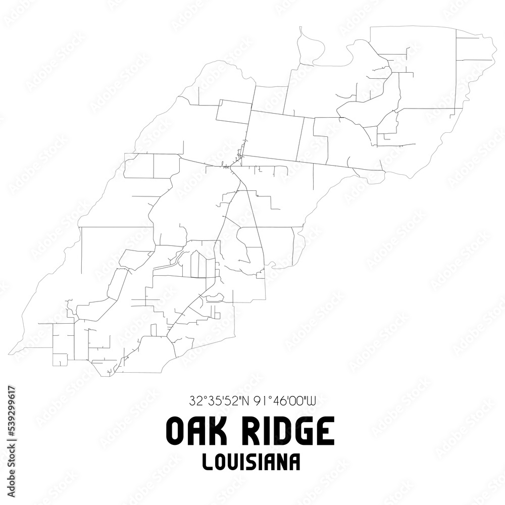 Oak Ridge Louisiana. US street map with black and white lines.