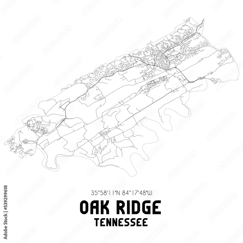 Oak Ridge Tennessee. US street map with black and white lines.