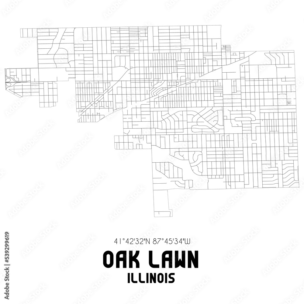 Oak Lawn Illinois. US street map with black and white lines.