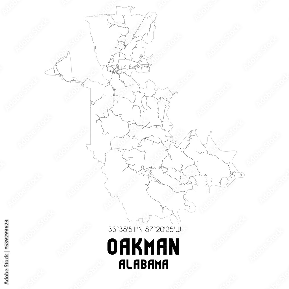 Oakman Alabama. US street map with black and white lines.