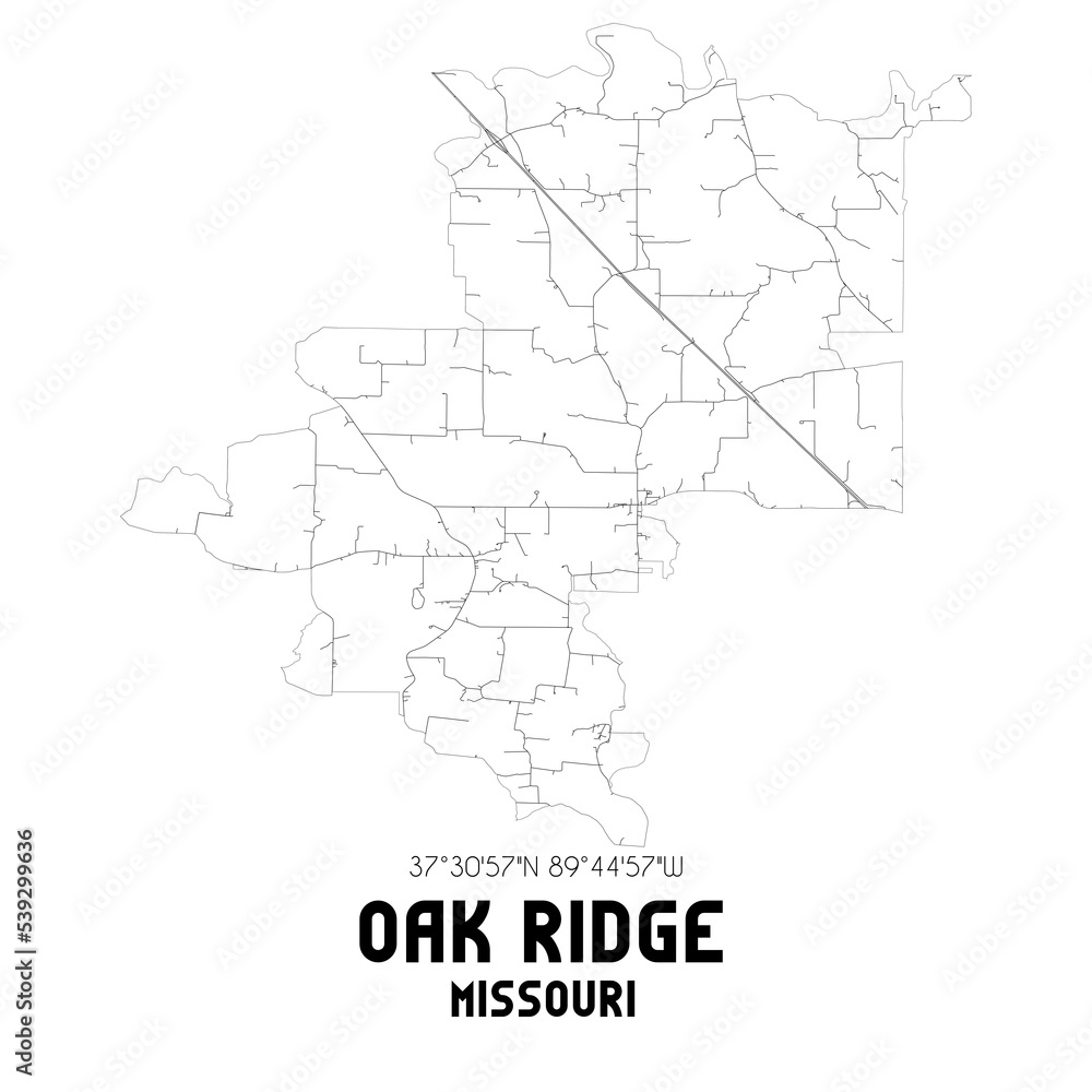 Oak Ridge Missouri. US street map with black and white lines.