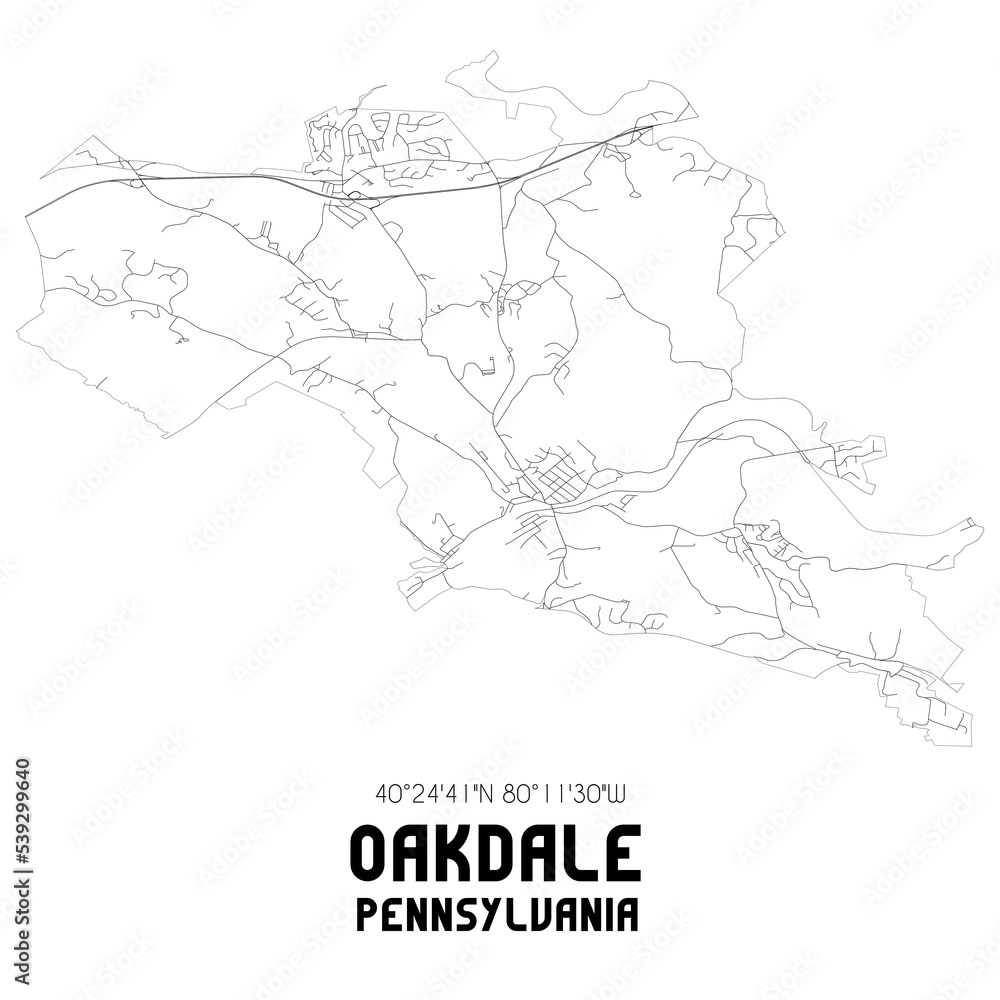 Oakdale Pennsylvania. US street map with black and white lines.