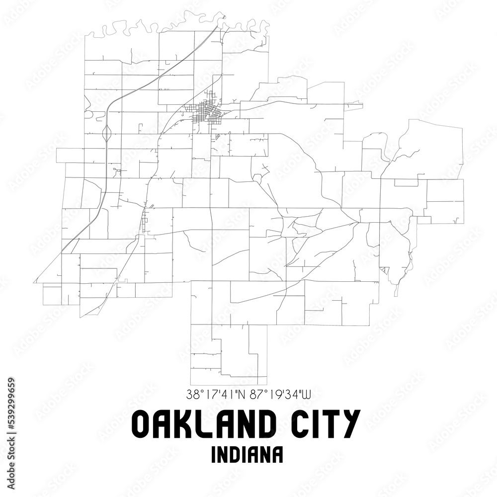 Oakland City Indiana. US street map with black and white lines.