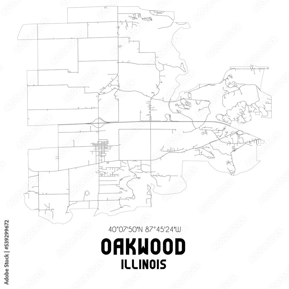 Oakwood Illinois. US street map with black and white lines.