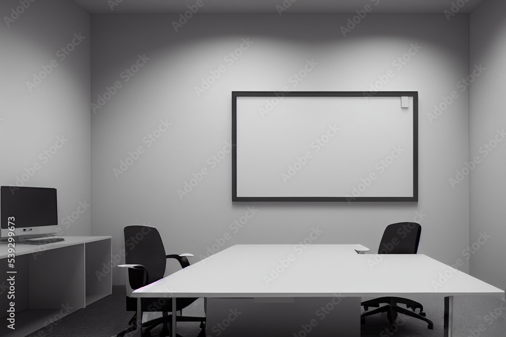 A separate director's office. Room with a table and chair of the head, cabinets and attributes of the office space. Director's room mockup for the placement of corporate attributes of the company. 3D A separate director's office. Room with a table and chair of the head, cabinets and attributes of the office space. Director's room mockup for the placement of corporate attributes of the company. 3D