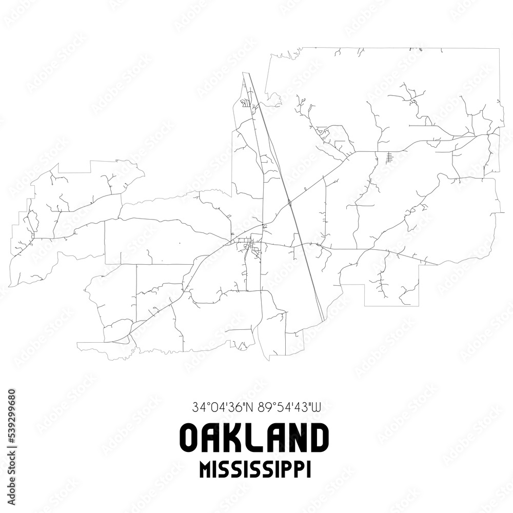 Oakland Mississippi. US street map with black and white lines.