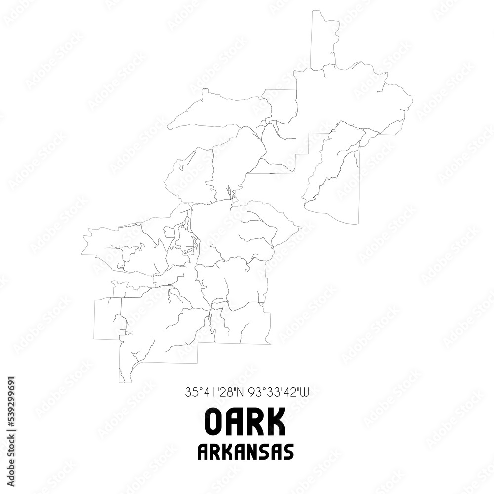 Oark Arkansas. US street map with black and white lines.