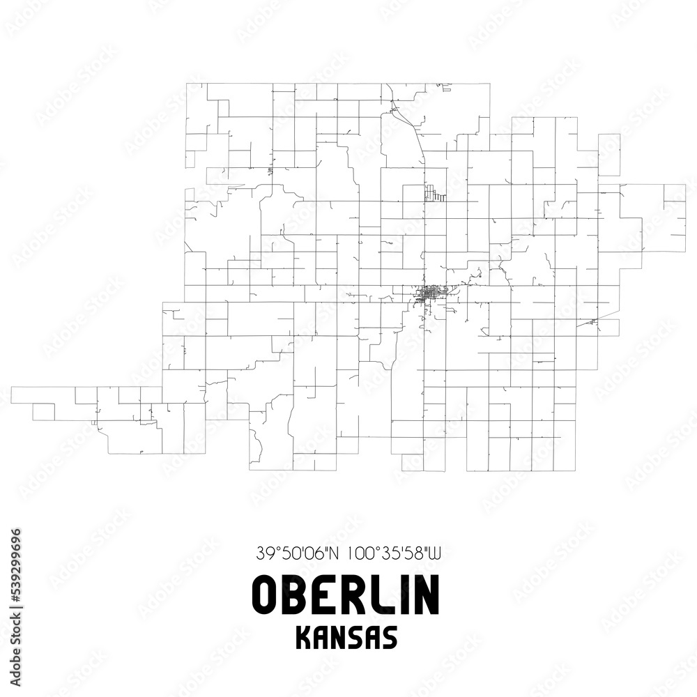 Oberlin Kansas. US street map with black and white lines.