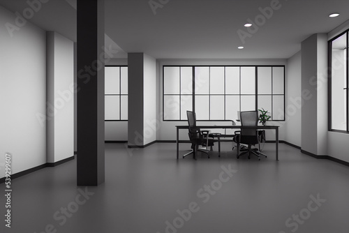 Office interior with furniture and paraphernalia. Office mockup with table and chairs, open space room for the placement of corporate attributes of the company. 3D
