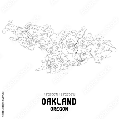 Oakland Oregon. US street map with black and white lines.