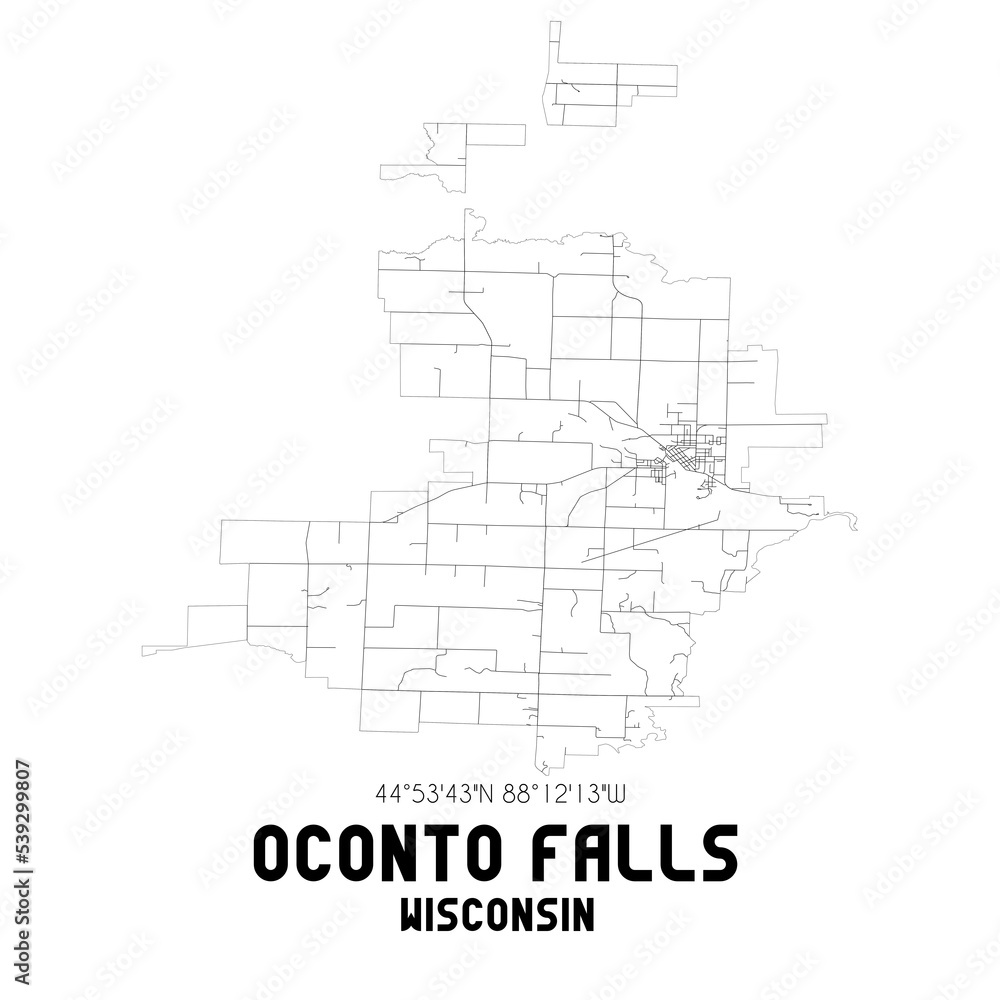 Oconto Falls Wisconsin. US street map with black and white lines.