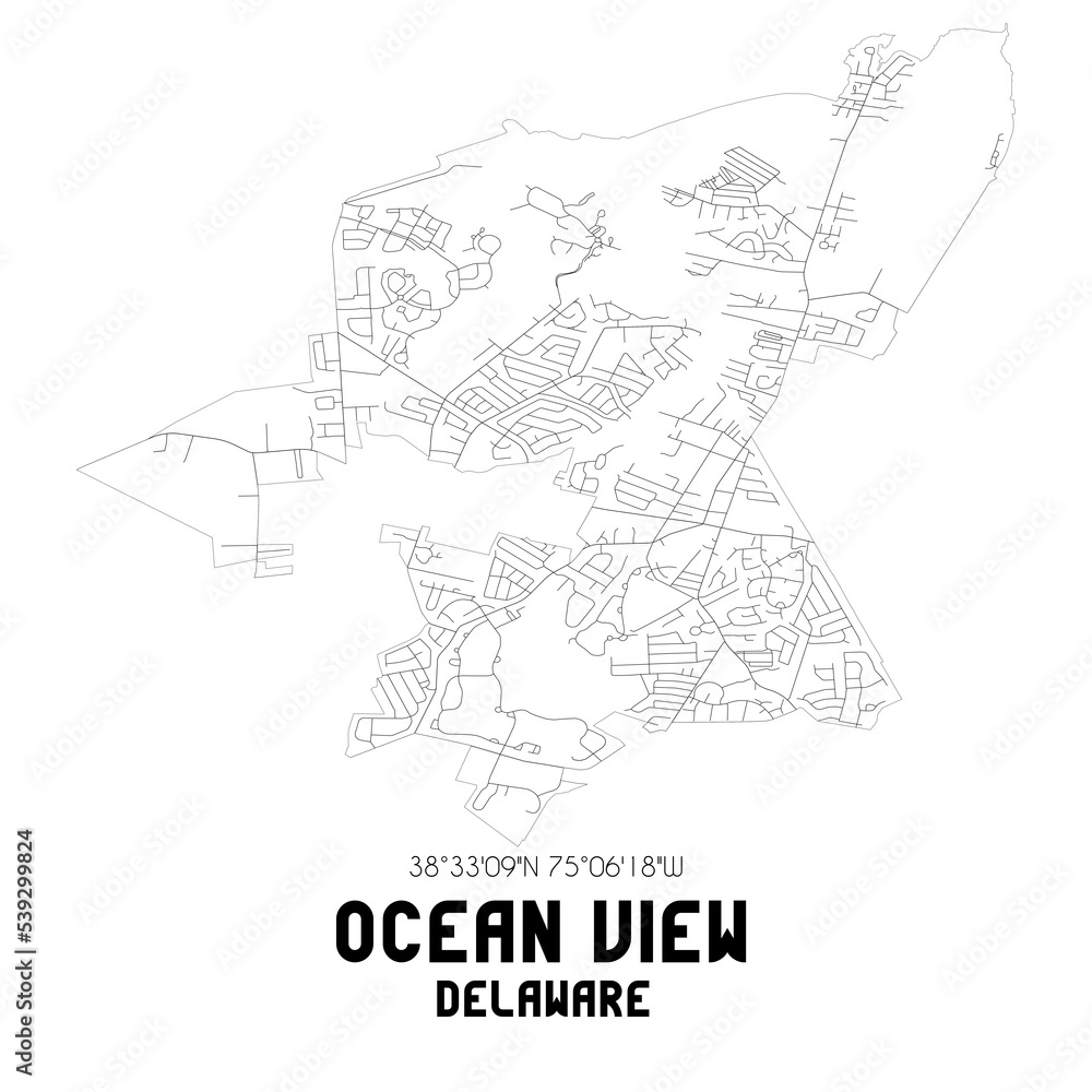 Ocean View Delaware. US street map with black and white lines.