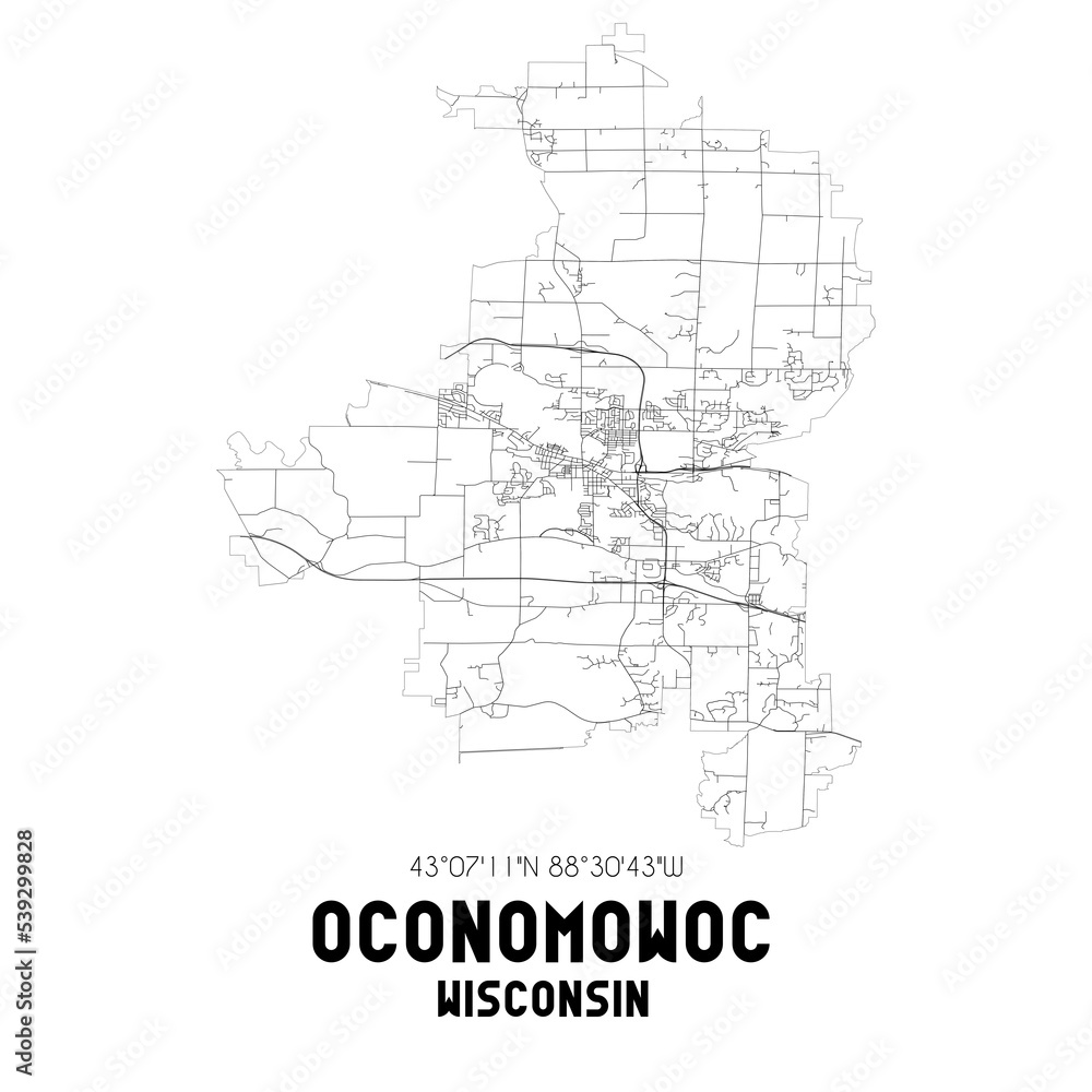Oconomowoc Wisconsin. US street map with black and white lines. Oconomowoc Wisconsin. US street map with black and white lines.