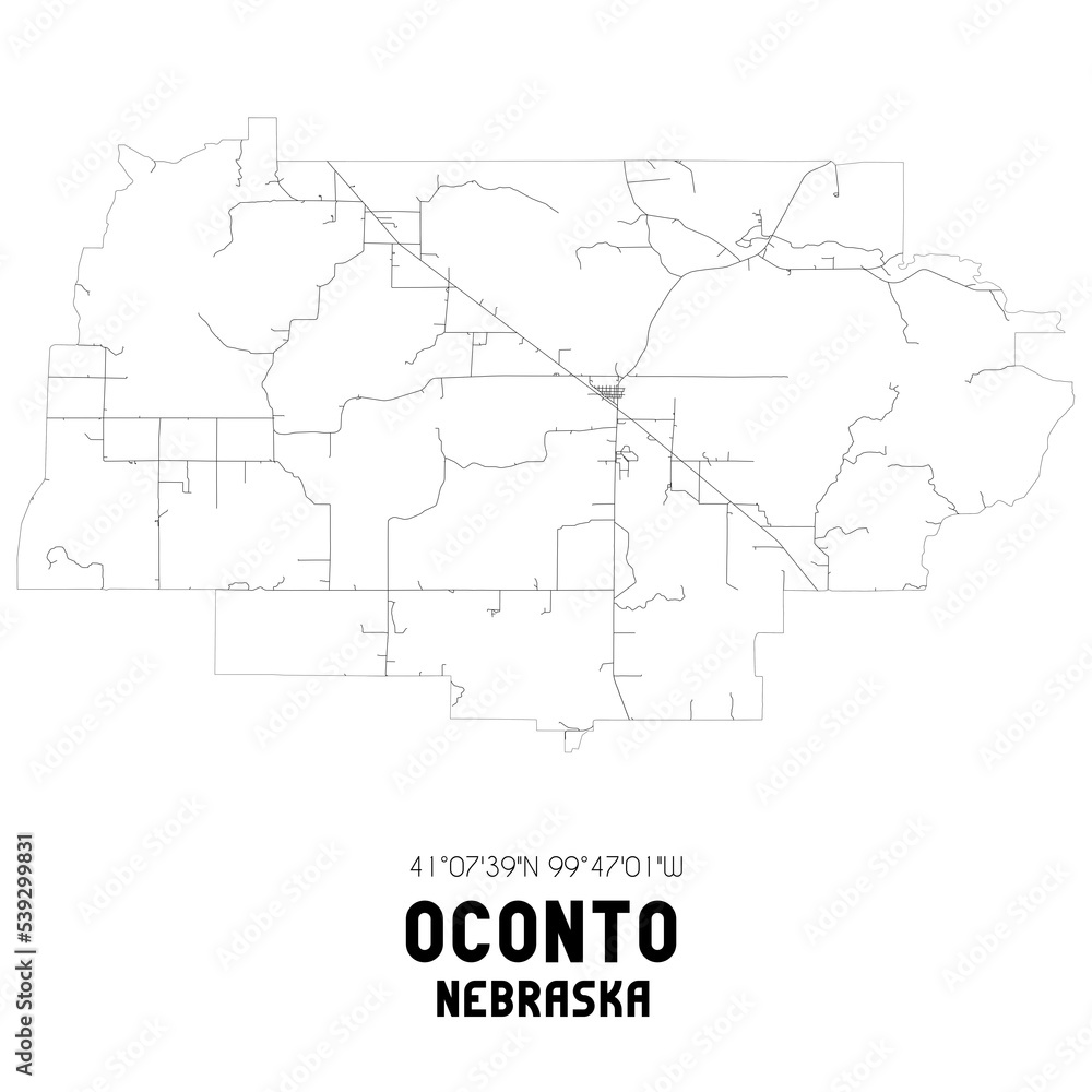 Oconto Nebraska. US street map with black and white lines.