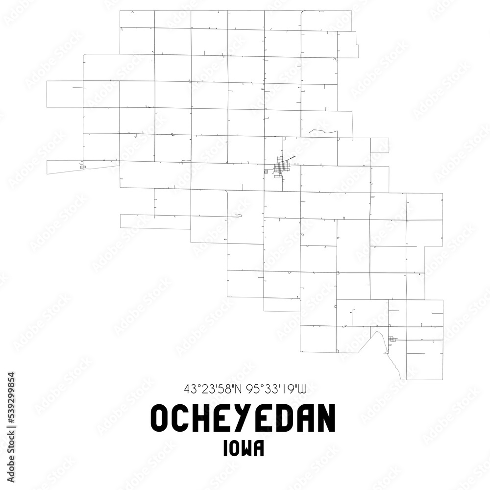 Ocheyedan Iowa. US street map with black and white lines.