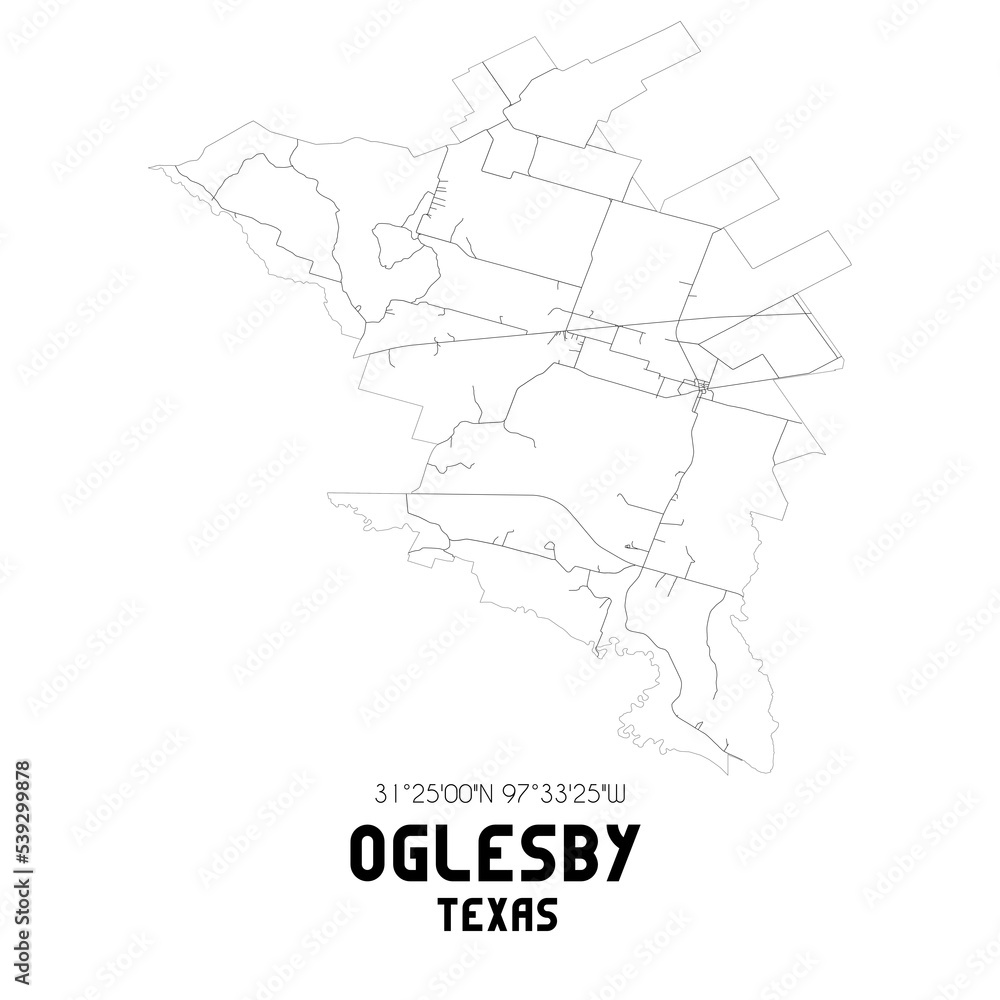 Oglesby Texas. US street map with black and white lines.