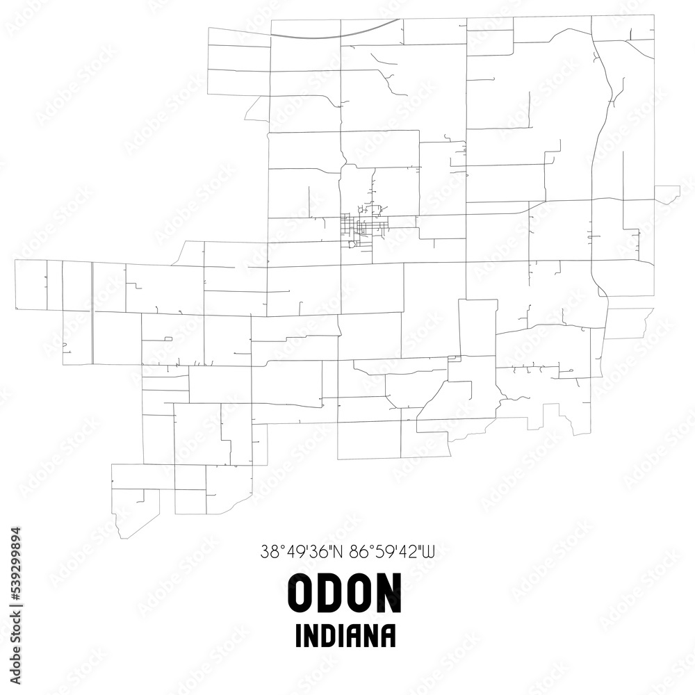 Odon Indiana. US street map with black and white lines.