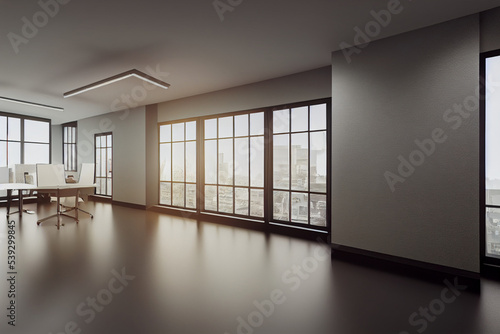 Office interior with furniture and paraphernalia. Office mockup with table and chairs, open space room for the placement of corporate attributes of the company. 3D 