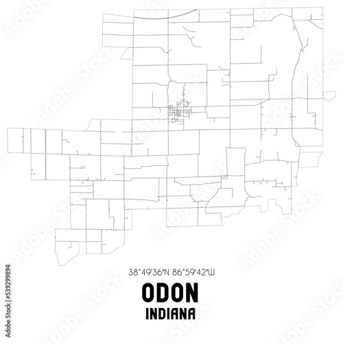Odon Indiana. US street map with black and white lines.