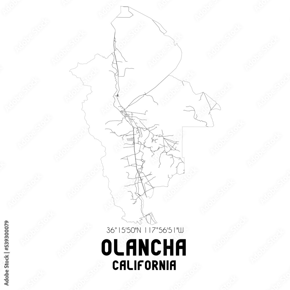 Olancha California. US street map with black and white lines.