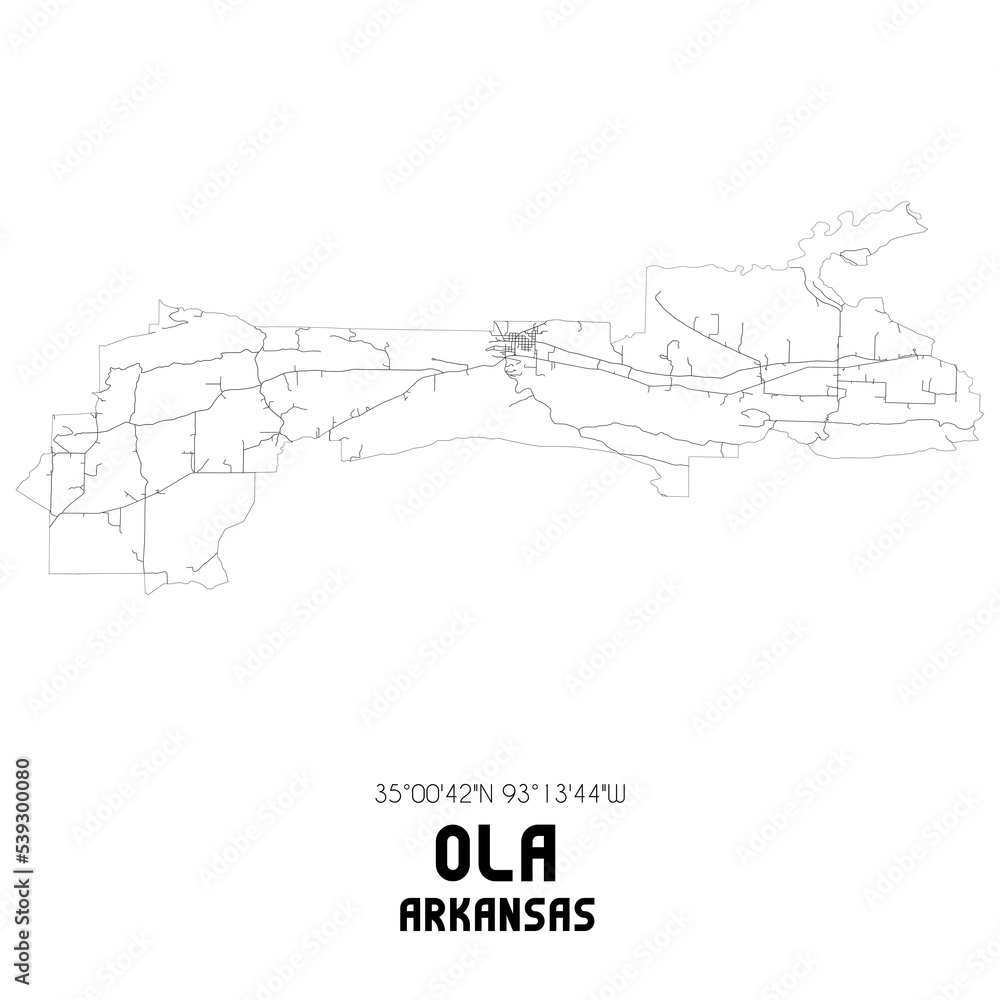 Ola Arkansas. US street map with black and white lines.
