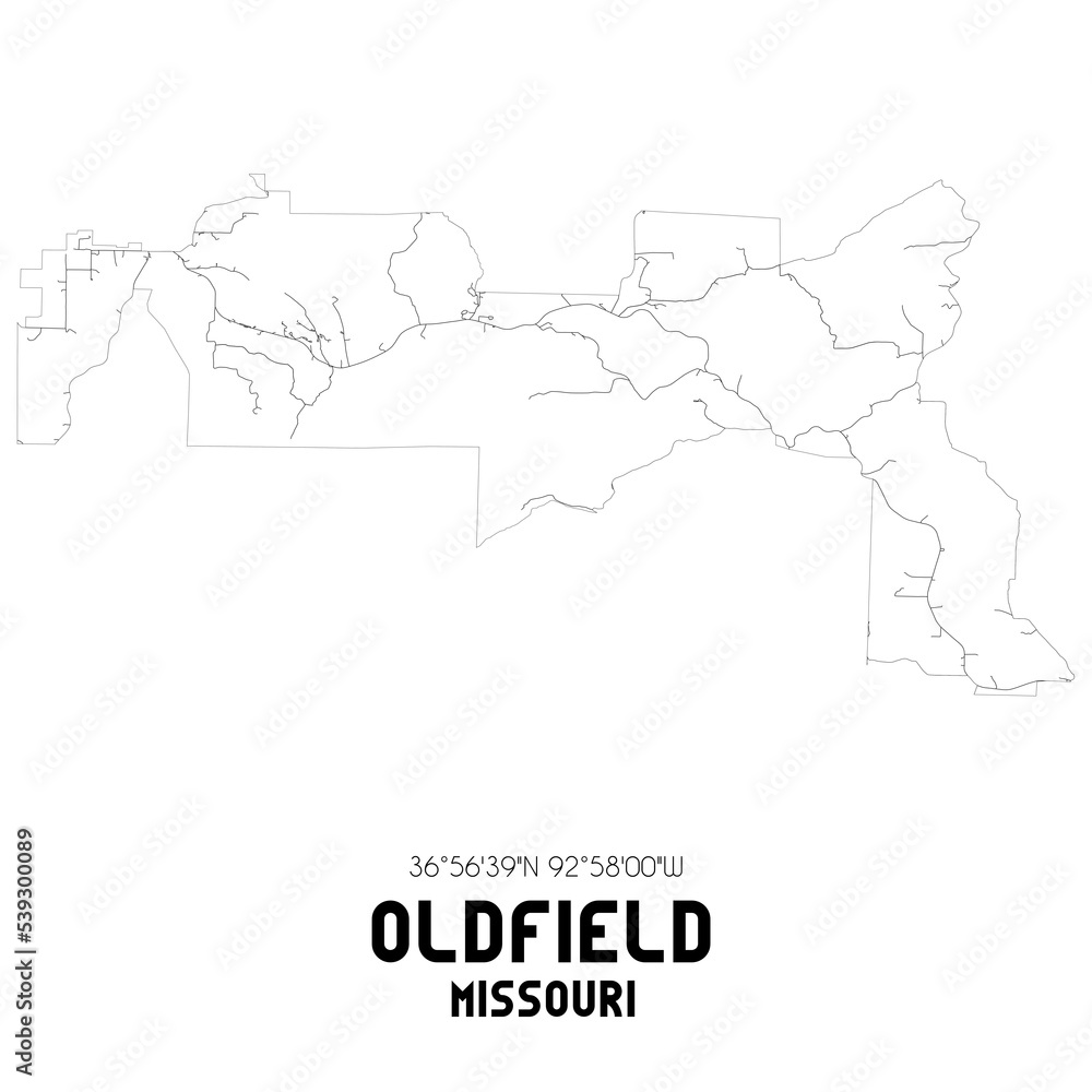 Oldfield Missouri. US street map with black and white lines.
