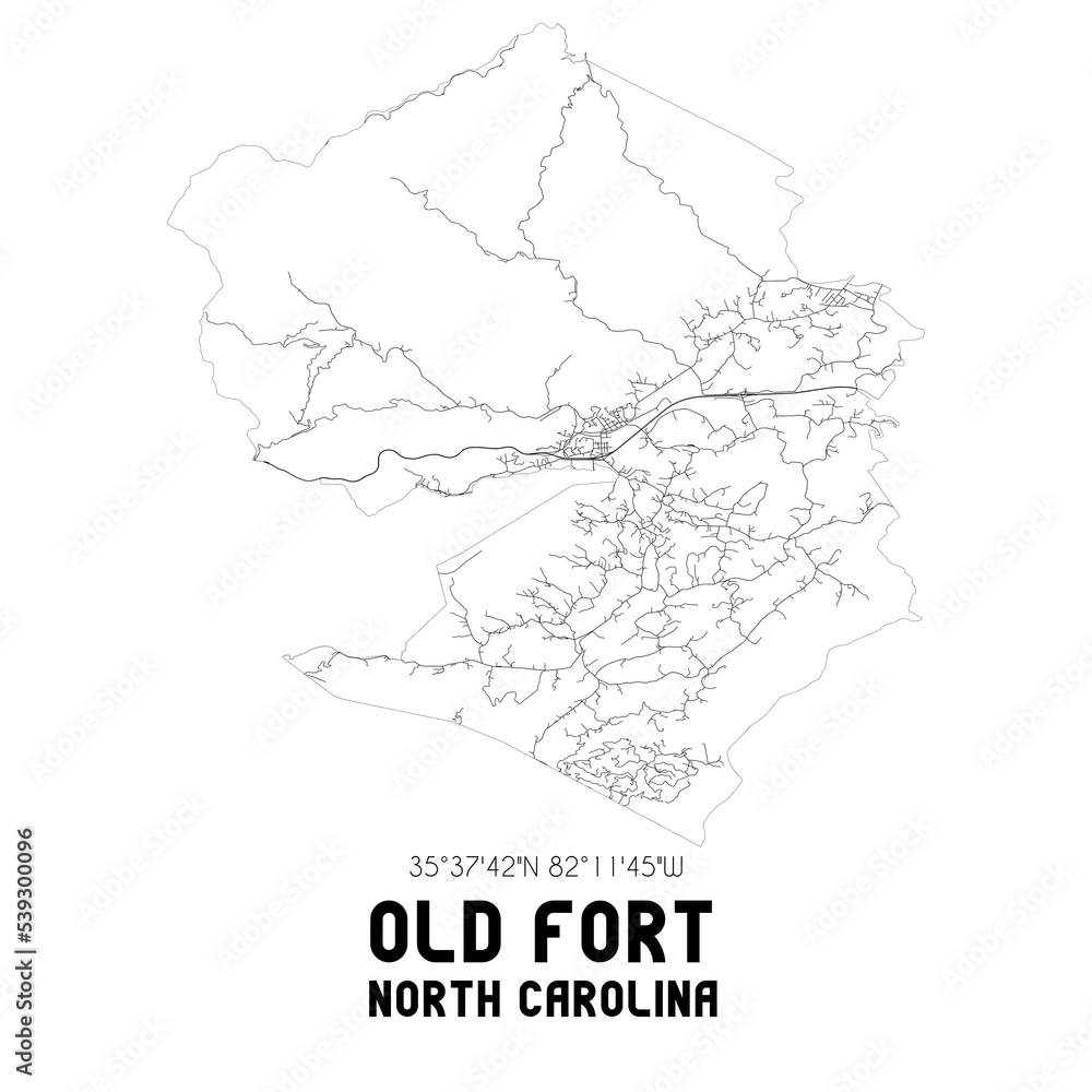 Old Fort North Carolina. US street map with black and white lines.