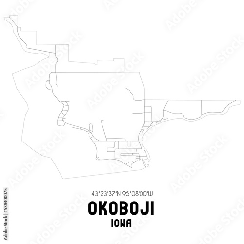 Okoboji Iowa. US street map with black and white lines.