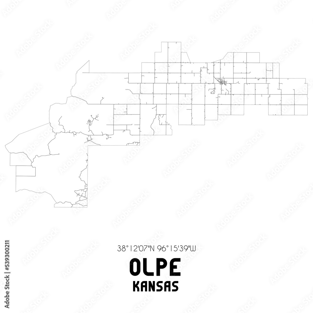 Olpe Kansas. US street map with black and white lines.