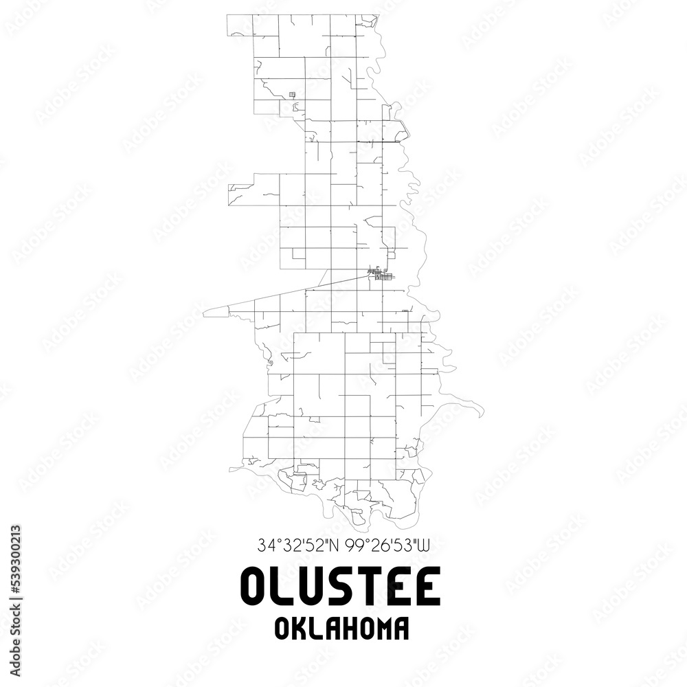 Olustee Oklahoma. US street map with black and white lines.