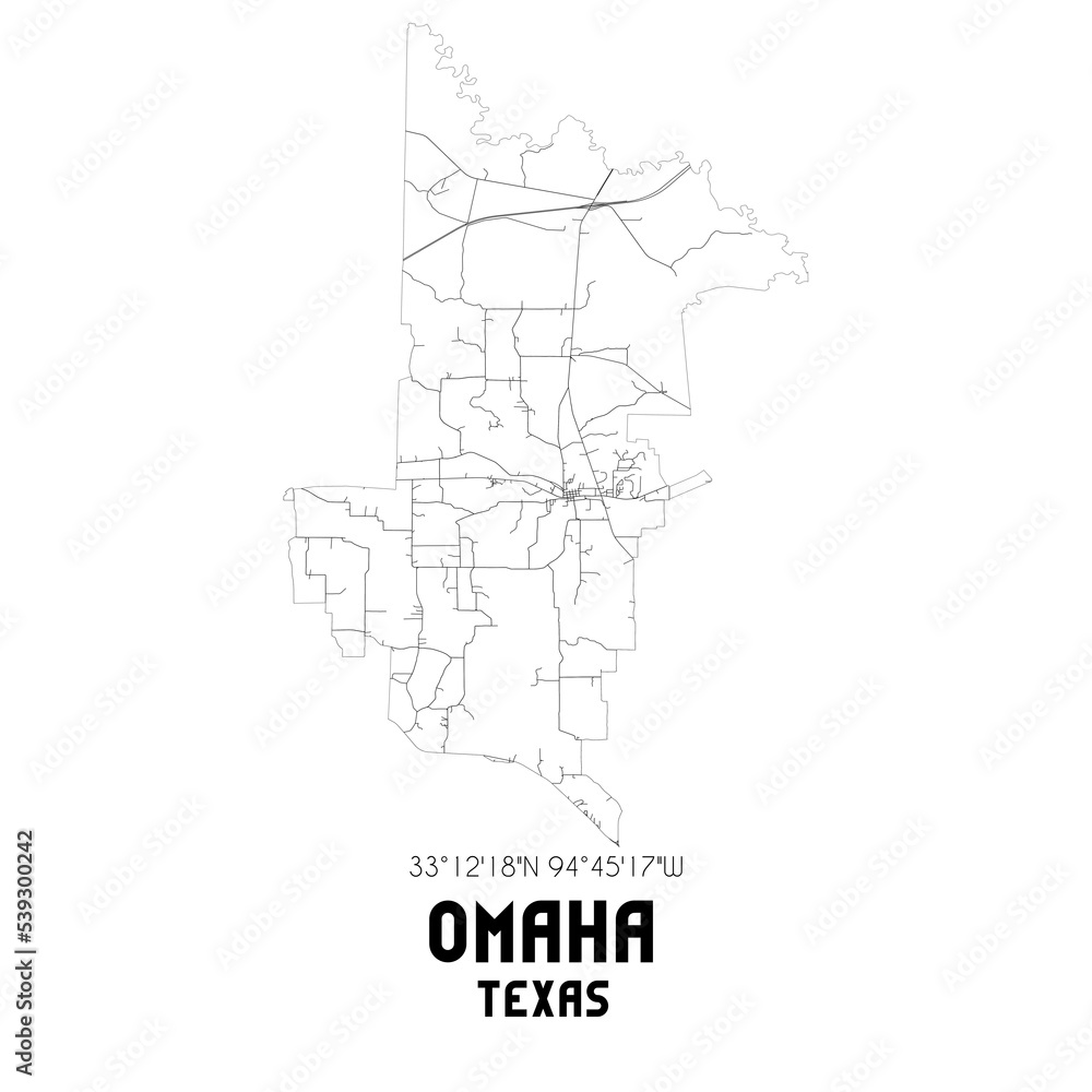Omaha Texas. US street map with black and white lines.