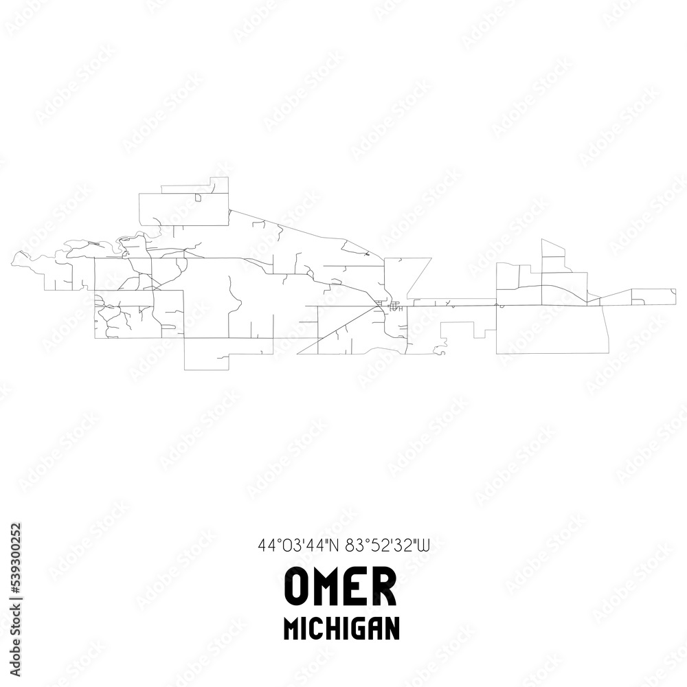Omer Michigan. US street map with black and white lines.