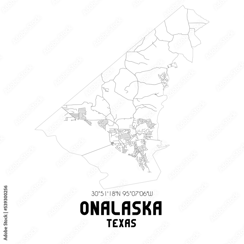 Onalaska Texas. US street map with black and white lines.