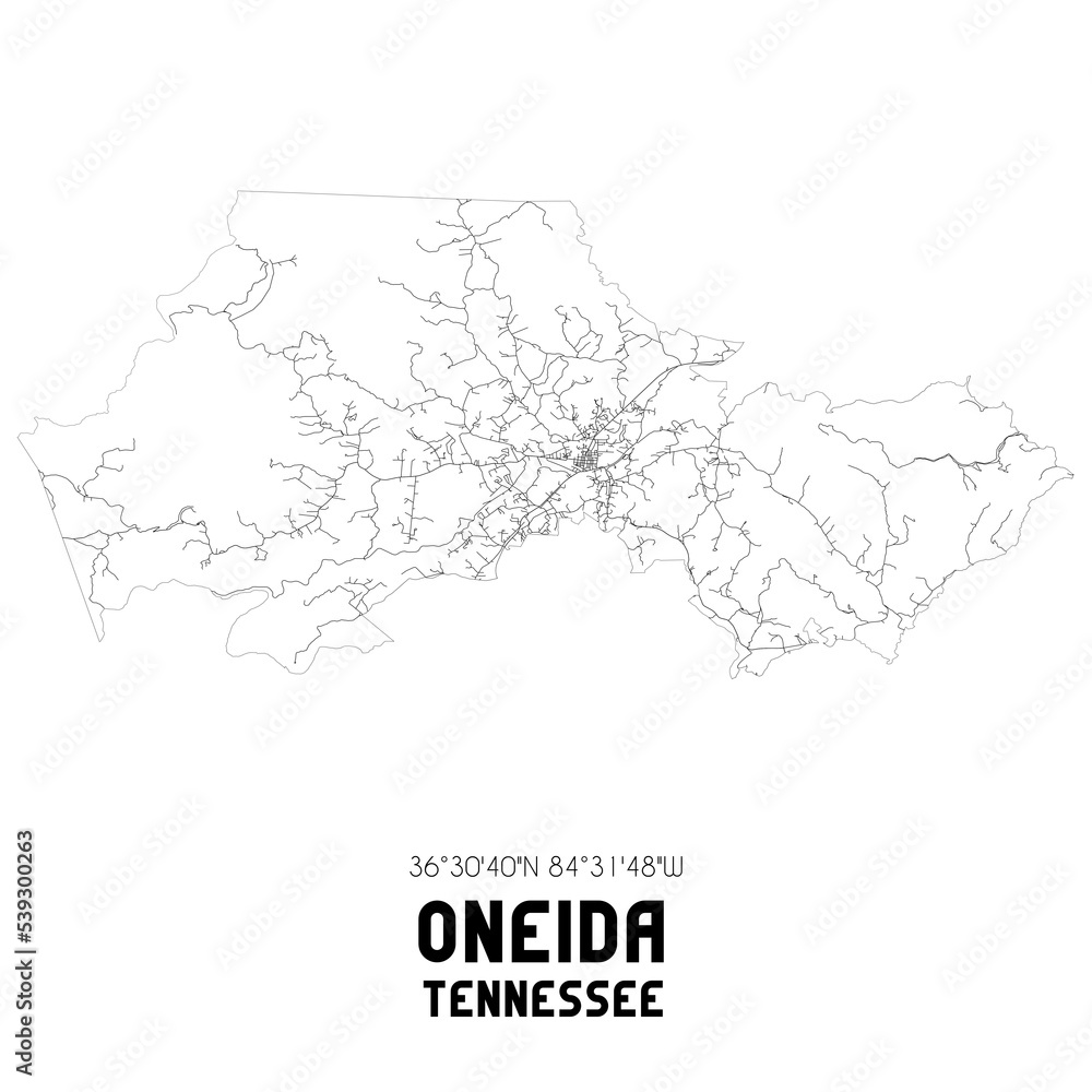 Oneida Tennessee. US street map with black and white lines.