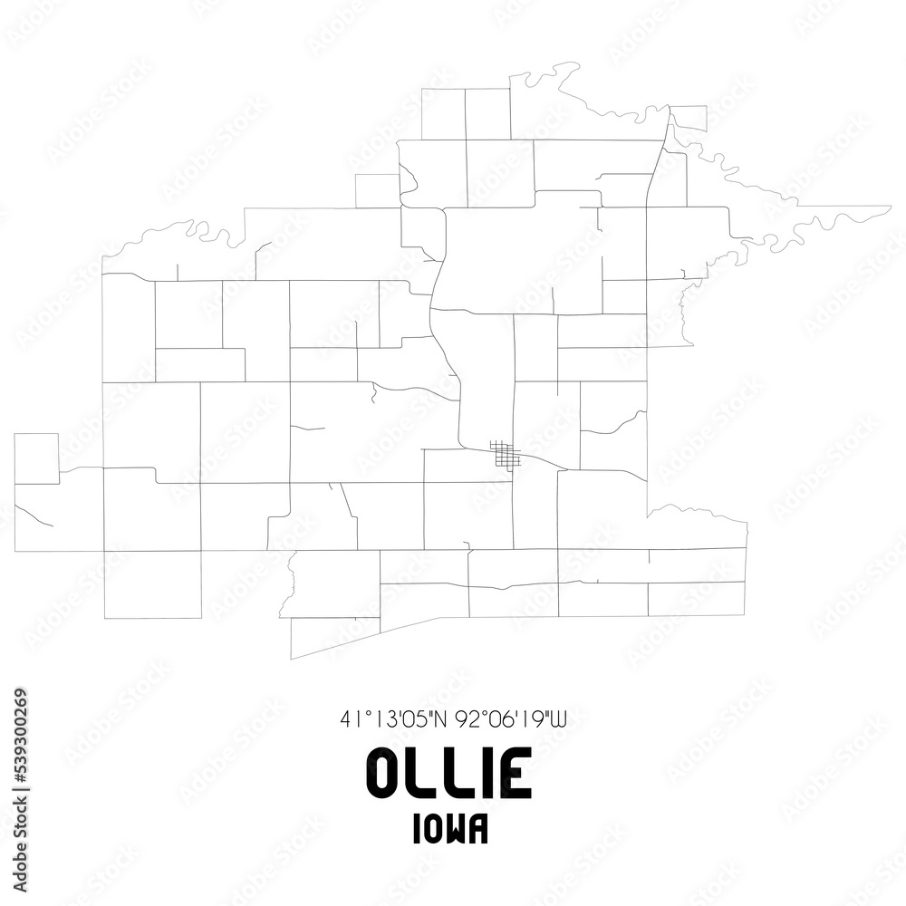 Ollie Iowa. US street map with black and white lines.