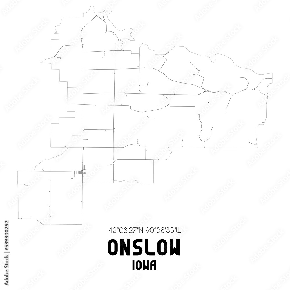 Onslow Iowa. US street map with black and white lines.
