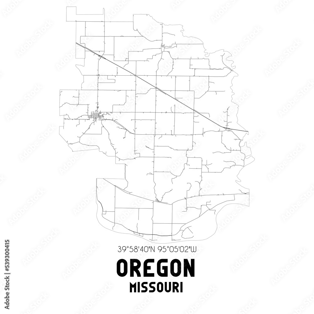Oregon Missouri. US street map with black and white lines.