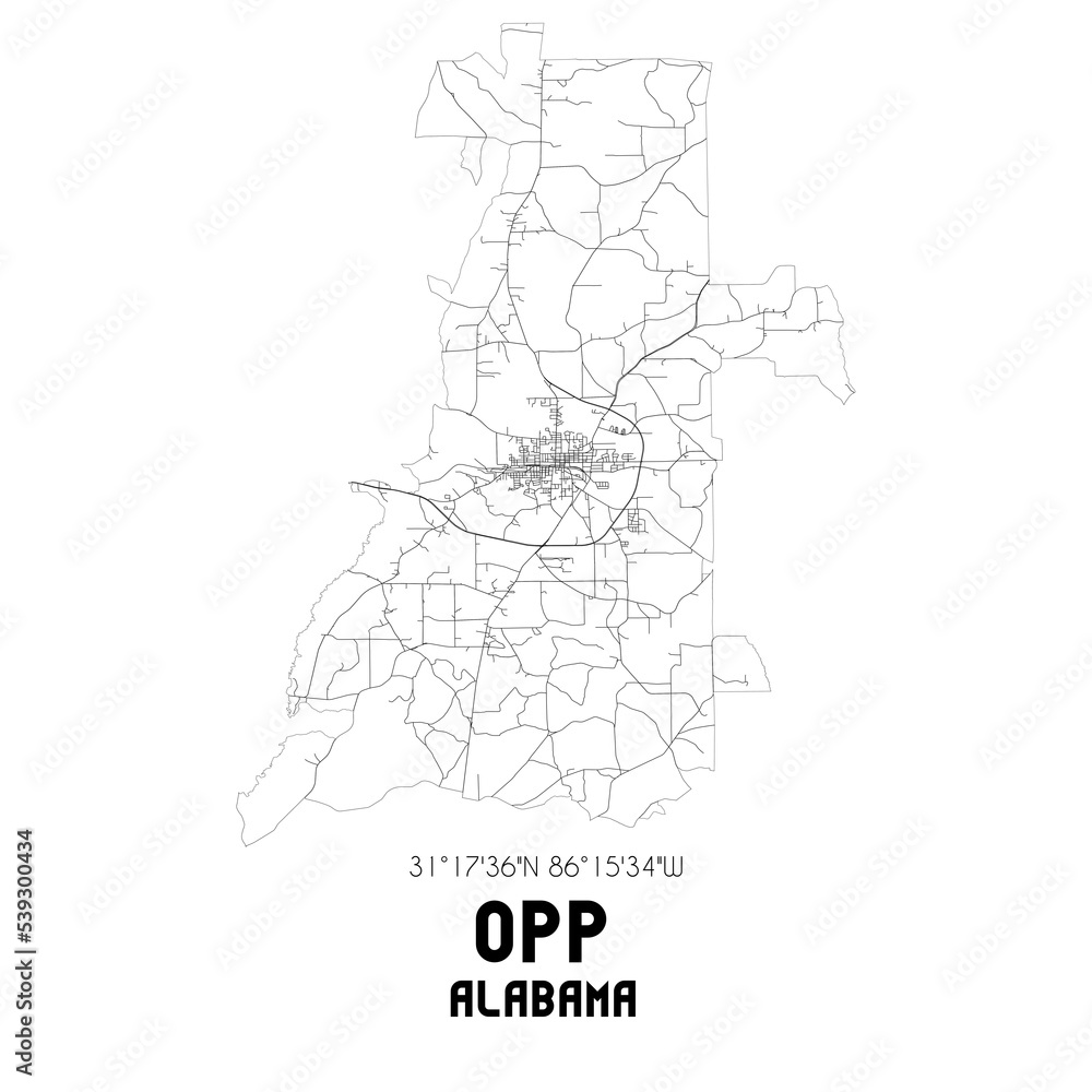Opp Alabama. US street map with black and white lines. Opp Alabama. US street map with black and white lines.