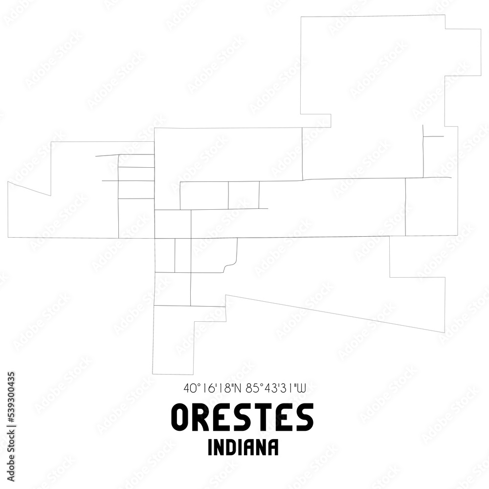 Orestes Indiana. US street map with black and white lines.