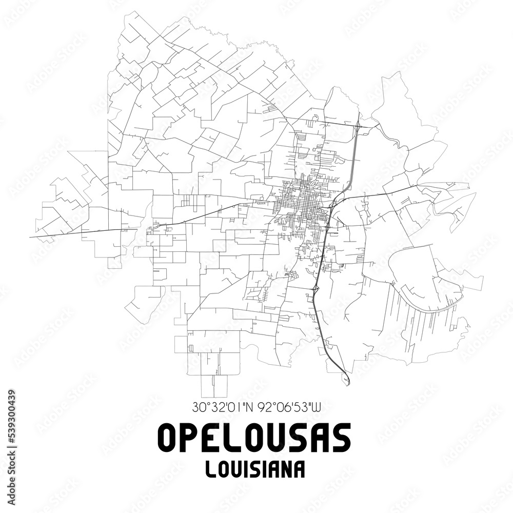 Opelousas Louisiana. US street map with black and white lines.
