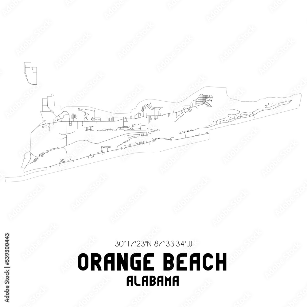Orange Beach Alabama. US street map with black and white lines.
