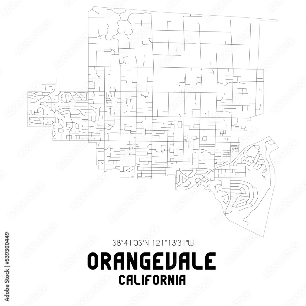 Orangevale California. US street map with black and white lines.