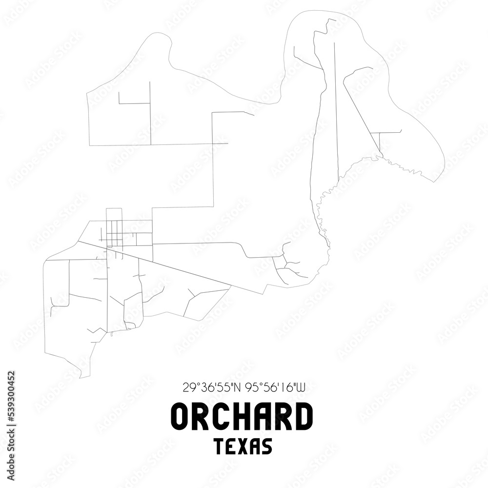 Orchard Texas. US street map with black and white lines.
