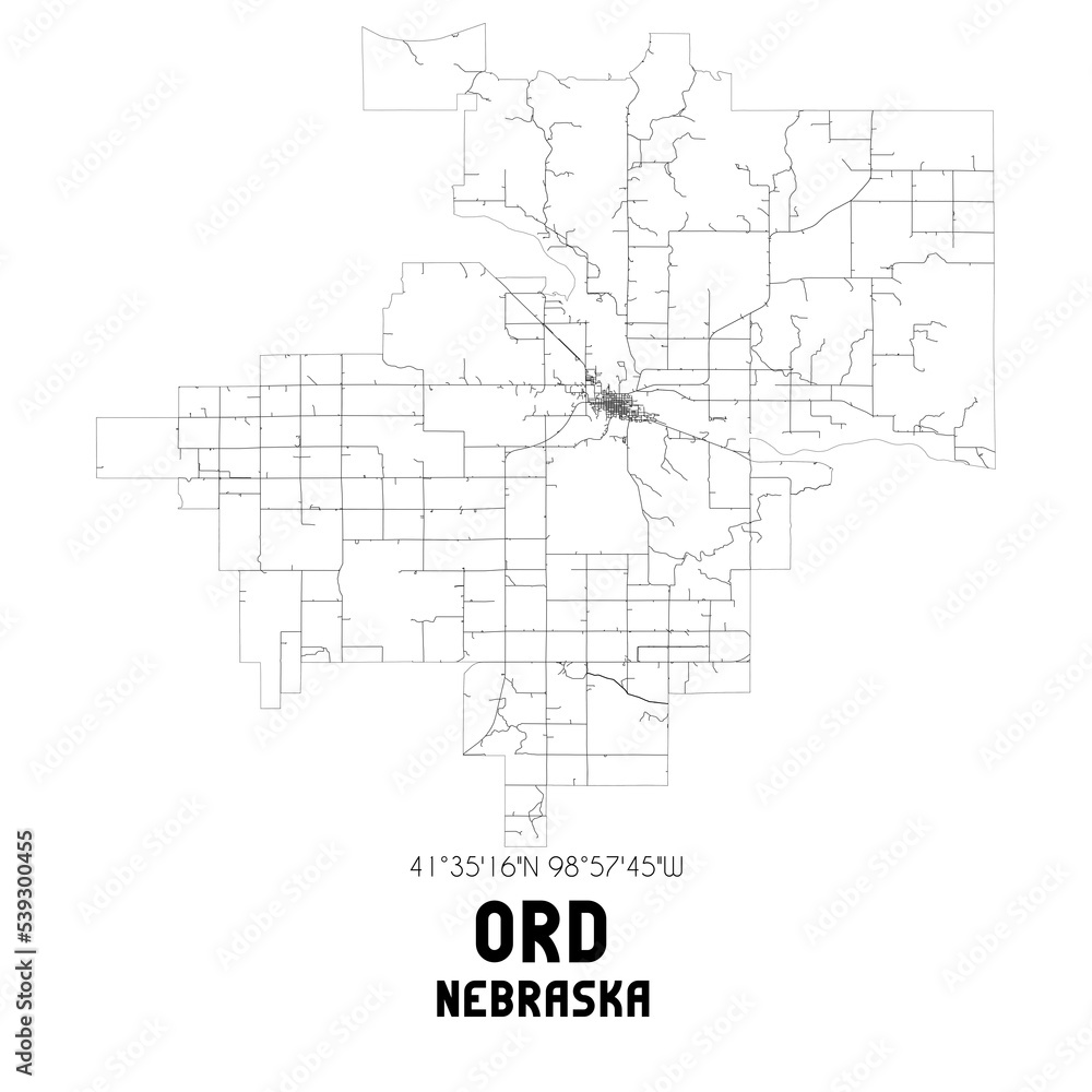 Ord Nebraska. US street map with black and white lines.
