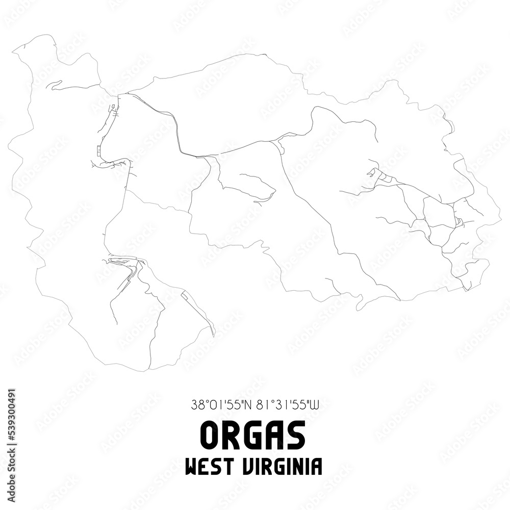 Orgas West Virginia. US street map with black and white lines.