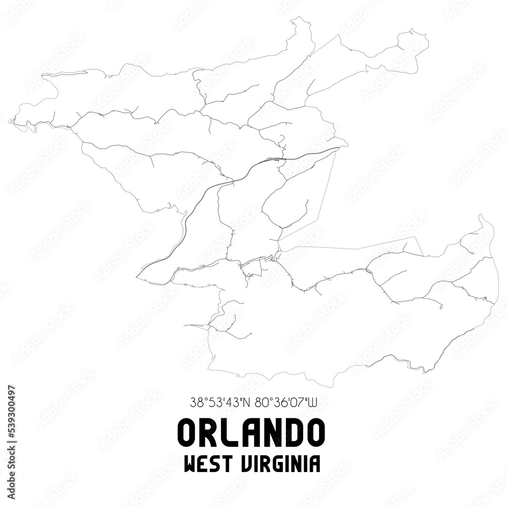 Orlando West Virginia. US street map with black and white lines.