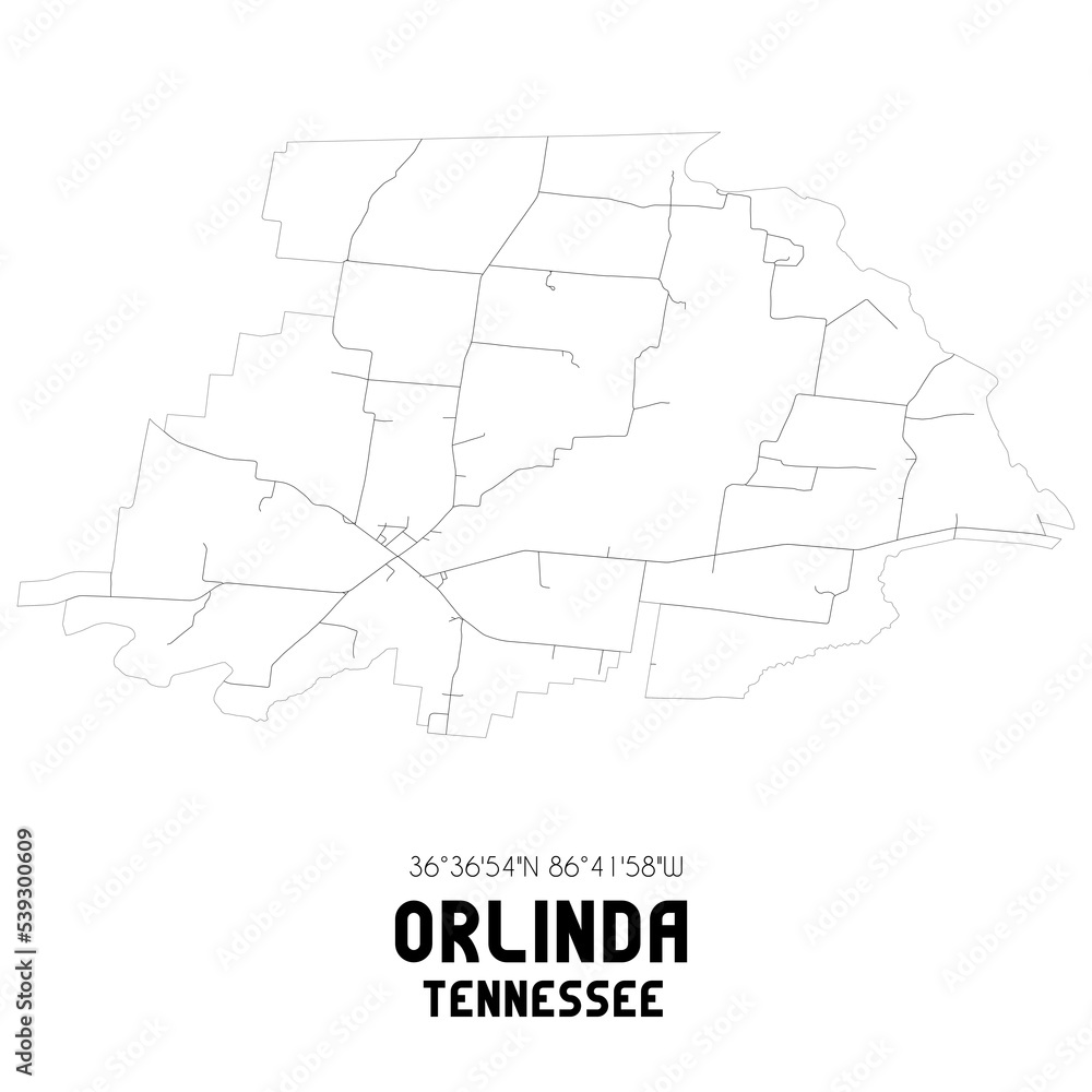 Orlinda Tennessee. US street map with black and white lines.