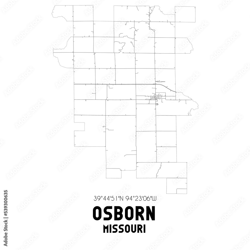 Osborn Missouri. US street map with black and white lines.